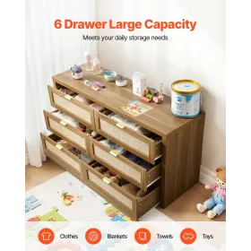 VEVOR 6 Drawer Rattan Dresser, Double Dresser for Bedroom, Natural Rattan Chest of Drawer with Metal Handle, Modern Wood Chest C