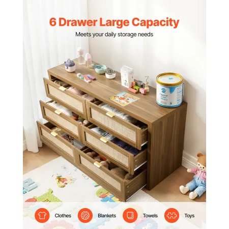 VEVOR 6 Drawer Rattan Dresser, Double Dresser for Bedroom, Natural Rattan Chest of Drawer with Metal Handle, Modern Wood Chest C