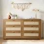 VEVOR 6 Drawer Rattan Dresser, Double Dresser for Bedroom, Natural Rattan Chest of Drawer with Metal Handle, Modern Wood Chest C