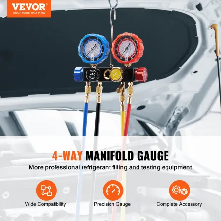 4 Way AC Gauge - AC Manifold Gauge Set for R134A R22 R12 R410A Refrigerant, Freon Gauges with 152.4 cm Hoses, Couplers, Can Tap 