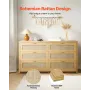 6 Drawer Rattan Dresser, Double Dresser for Bedroom, Natural Rattan Chest of Drawer with Metal Handle, Modern Wood Chest Clothin