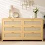 6 Drawer Rattan Dresser, Double Dresser for Bedroom, Natural Rattan Chest of Drawer with Metal Handle, Modern Wood Chest Clothin