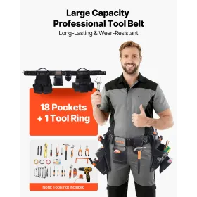 Tool Belt, 18 Pockets Professional Tool Pouch for Men, Heavy Duty Adjustable Utility Belt Detachable Work Bag for Electrician, C