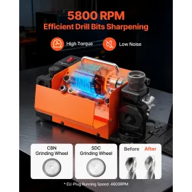 VEVOR Drill Bits Sharpener MR-13B, 3-15mm Drill Bit Grinder Sharpener with Adjustable Lip Relief Angle & 95°-135° Point Angle, 4