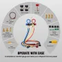 4 Way AC Gauge - AC Manifold Gauge Set for R134A R22 R12 R410A Refrigerant, Freon Gauges with 152.4 cm Hoses, Couplers, Can Tap 