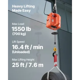 3-in-1 Electric Hoist Winch, 700 kg Capacity, 1500W Portable Power Winch Crane, 7.6 m Lifting Height, 5 m/min with Manual, Wired