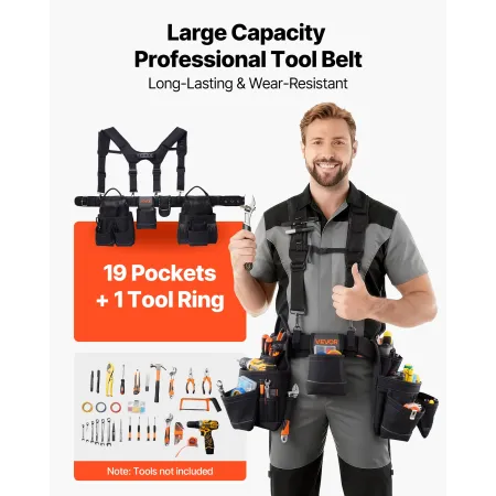 Tool Belt, 19 Pockets Tool Pouch with Suspenders for Men, Heavy Duty Adjustable Utility Belt Work Bag Detachable Suspension Rig 