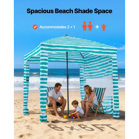 Beach Cabana, 1.83 x 1.83 m Beach Canopy with Side Wall, UPF 50+ Protection Easy Setup Cabana Tent with Sand Pockets, Portable S