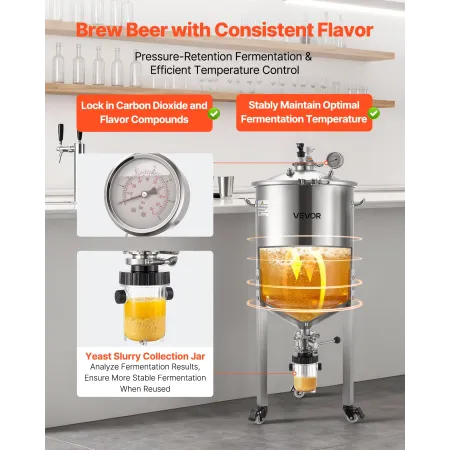 VEVOR Stainless Steel Conical Fermenter, 16 Gal/60L Home Brewing Fermenation Tank, Brew Bucket Fermentor with Conical Bottom, 3 