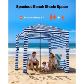 Beach Cabana, 1.83 x 1.83 m Beach Canopy with Side Wall, UPF 50+ Protection Easy Setup Cabana Tent with Sand Pockets, Portable S