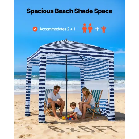 Beach Cabana, 1.83 x 1.83 m Beach Canopy with Side Wall, UPF 50+ Protection Easy Setup Cabana Tent with Sand Pockets, Portable S