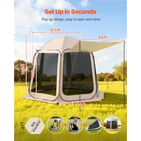 VEVOR Screen House Tent, 3030 x 2650 x 2300 mm, 4-8 Person Pop Up Screen Tent with Extended Awning, Portable Screened in Canopy 