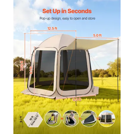 Screen House Tent, 3030 x 2650 x 2300 mm, 4-8 Person Pop Up Screen Tent with Extended Awning, Portable Screened in Canopy with C
