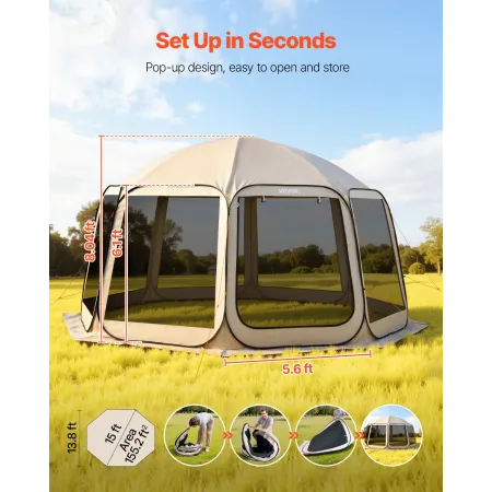 VEVOR Screen House Tent, 4500 x 4250 x 2450 mm, 12-15 Person Pop Up Screen Tent, Portable Screened in Canopy with Carry Bag, Net