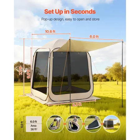 VEVOR Screen House Tent, 1825 x 1825 x 2200 mm, 4-6 Person Pop Up Screen Tent with Extended Awning, Portable Screened in Canopy 