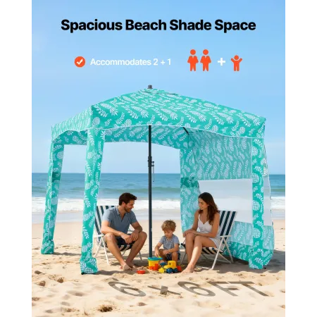 VEVOR Beach Cabana, 1,83 x 1,83 m strandhytte med sidevæg, UPF 50+ beskyttelse Nem opsætning Cabana telt med sandlommer, stor