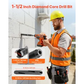 Core Drill Bit, 38 mm Diameter, 241 mm Drilling Depth, M16 Internal Thread, Diamond Dry Coring Bit with 3 Adapters, Pilot Drill 