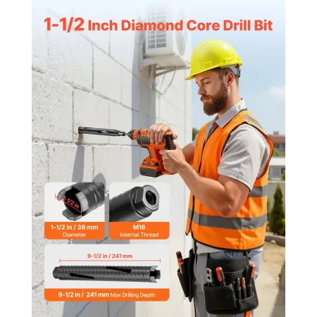 VEVOR Core Drill Bit, 38 mm Diameter, 241 mm Drilling Depth, M16 Internal Thread, Diamond Dry Coring Bit with 3 Adapters, Pilot 