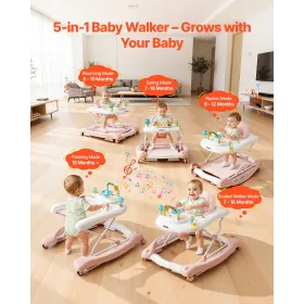 5-in-1 Baby Walker, Folding Baby Activity Center on Wheels, Height Adjustable Rocker Bouncer Walker with Comfortable High-Back S