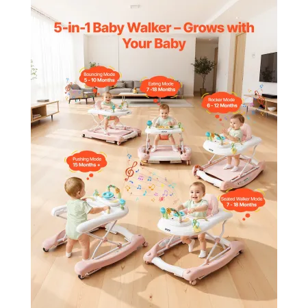 VEVOR 5-i-1 Baby Walker, Folde Baby Activity Center på hjul, Højdejusterbar Rocker Bouncer Walker med behagelig høj-