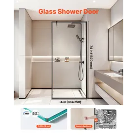 Fixed Glass Shower Panel, 864 x 1870 mm Full-Framed Fixed Shower Screen, 8 mm Thick Clear Tempered Glass Door with Bottom Seal S