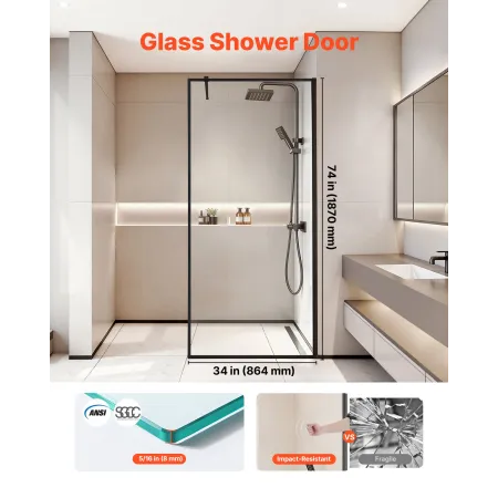 Fixed Glass Shower Panel, 864 x 1870 mm Full-Framed Fixed Shower Screen, 8 mm Thick Clear Tempered Glass Door with Bottom Seal S