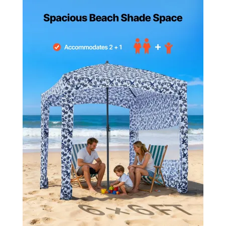 Beach Cabana, 1.83 x 1.83 m Beach Canopy with Side Wall, UPF 50+ Protection Easy Setup Cabana Tent with Sand Pockets, Large Outd