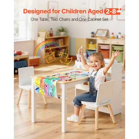 Kids Art Table and Chair Set, Toddler Craft Table with 3 Tiers Storage Cabinet, Wooden Kids Activity Play Desk with 2 Chairs, Ar