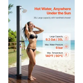 35L Solar Heated Shower, 195cm Showerhead Height Outdoor Shower, with Foot Faucet & Soap Box Rack, Hot & Cold Water Adjustment, 