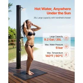 VEVOR 35L solopvarmet bruser, 195 cm brusehovedhøjde udendørs bruser, med gulvsæt og fodhane, justering af varmt og koldt vand
