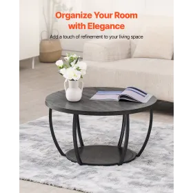 Coffee Table, Modern Round Coffee Table, 2 Tiers Wooden Circle Center Desk with Open Storage, Minimalist Sturdy Metal Frame Acce