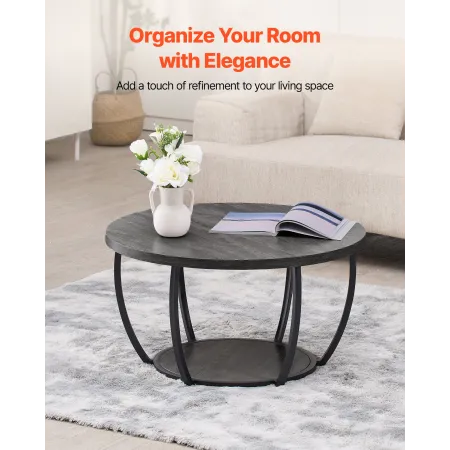 Coffee Table, Modern Round Coffee Table, 2 Tiers Wooden Circle Center Desk with Open Storage, Minimalist Sturdy Metal Frame Acce