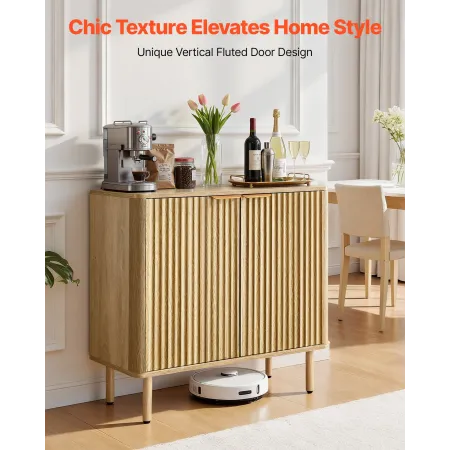 VEVOR Kaffebarskab, Mid Century riflet sofabord med 2-lags opbevaring, Buffetstanderskab med 2 stalddør, Sidebo