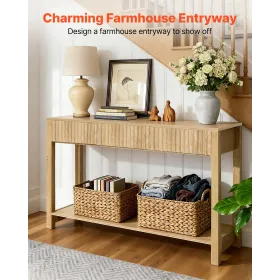VEVOR 120 cm Console Table, Farmhouse Desk Behind the Couch with Drawers and Bottom Storage Shelf, Wooden Rectangle Entrance Nar