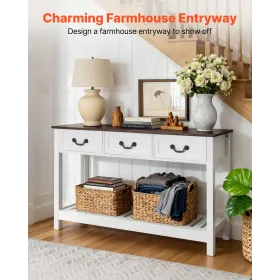 120 cm Console Table, Farmhouse Desk Behind the Couch with Drawers and Bottom Storage Shelf, Wooden Rectangle Entrance Narrow So