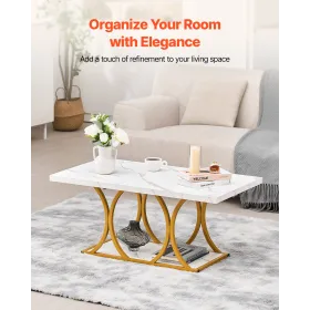 VEVOR sofabord, moderne imiteret marmor sofabord, 2-lags rektangel midterbord med geometriske ben, minimalistisk robust metal F