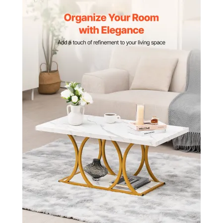 Coffee Table, Modern Faux Marble Coffee Table, 2-Tier Rectangle Center Desk with Geometric Legs, Minimalist Sturdy Metal Frame A