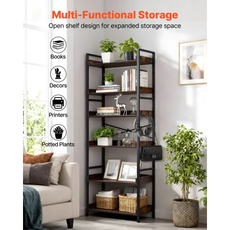 VEVOR Industrial Bookshelf, 6-Tier, Vintage Ladder Shelf Bookshelves and Bookcases, with Metal Frame, Book Organizer with Open S