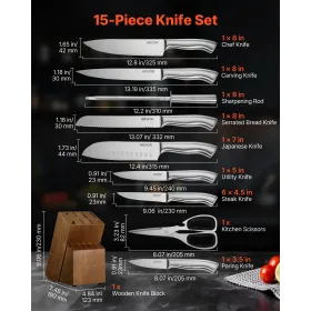 VEVOR Kitchen Knife Set with Block and Sharpener, 15 Piece German High Carbon Stainless Steel Sharp Knife Set, Kitchen Cutlery w