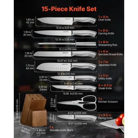 VEVOR Kitchen Knife Set with Block and Sharpener, 15 Piece German High Carbon Stainless Steel Sharp Knife Set, Kitchen Cutlery w