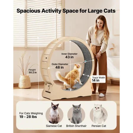 Cat Exercise Wheel, 120cm Wooden Cat Running Wheel for Indoor Cats up to 12.7kg Cats Treadmill with Carpeted Runway & Locking Me