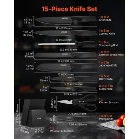 Kitchen Knife Set with Block and Sharpener, 15 Piece German High Carbon Stainless Steel Knife Set, Kitchen Cutlery with PP Ergon