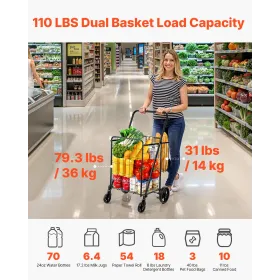 Foldning af indkøbskurv, jumbo købmandsvogn med dobbeltkurve, 360 ° drejelige hjul, tunge værktøjskurv, 110 lbs stor