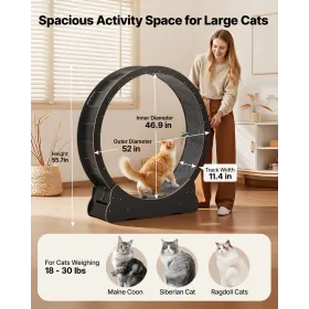 Cat Exercise Wheel, 132cm Wooden Cat Running Wheel for Indoor Kitten up to 12.7kg, Cats Treadmill with Carpeted Runway & Locking