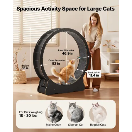 VEVOR Cat Exercise Wheel, 132cm Wooden Cat Running Wheel for Indoor Kitten up to 12.7kg, Cats Treadmill with Carpeted Runway & L