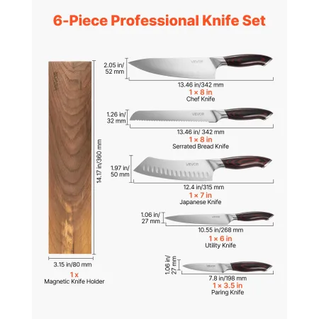 Kitchen Knife Set, 6 Piece High Carbon Stainless Steel Sharp Knife Set, Professional Kitchen Cutlery with Ergonomic Crack-Resist