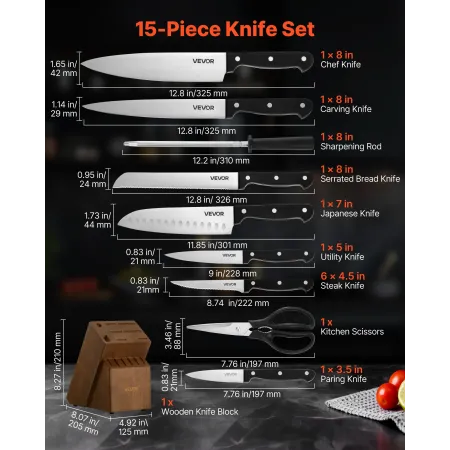 Kitchen Knife Set with Block and Sharpener, 15 Piece German High Carbon Stainless Steel Knife Set, Kitchen Cutlery with ABS Ergo