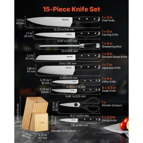 VEVOR Kitchen Knife Set with Block and Sharpener, 15 Piece High Carbon Stainless Steel Sharp Knife Set, Kitchen Cutlery with Erg