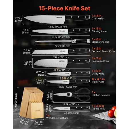 VEVOR Kitchen Knife Set with Block and Sharpener, 15 Piece High Carbon Stainless Steel Sharp Knife Set, Kitchen Cutlery with Erg