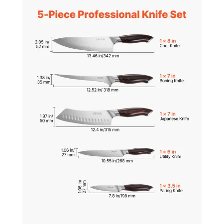 Kitchen Knife Set, 5 Piece High Carbon Stainless Steel Sharp Knife Set, Durable and Rust-Resistant, Professional Kitchen Cutlery